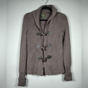 Eddie Bauer Vintage Gray Knit Cardigan Sweater Leather Toggles 10% Angora Sz S